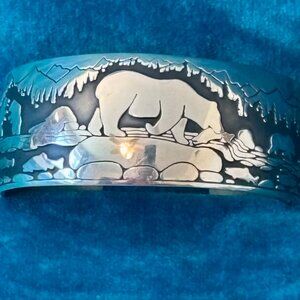 B Burger Sterling Silver Cuff Bracelet Bears trout fishing - hefty 62+ grams